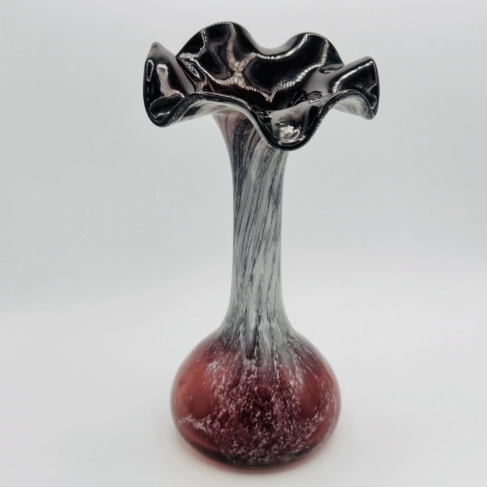 Vintage Hand Blown Art Glass Vase Amethyst & White Swirl Ruffled Rim